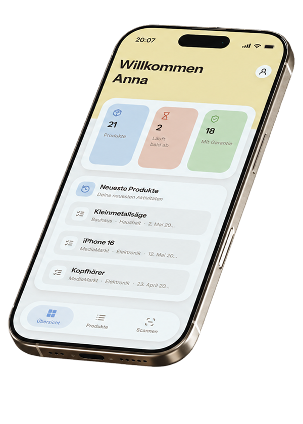 Startseite der App, mit Übersicht an Produkten (Anzahl, Garantie läuft bald ab und mit Garantie)